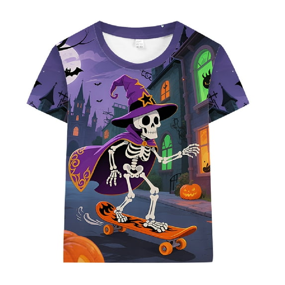 DDSOL Big Boys Halloween Shirts Skeleton Graphic Short Sleeve Tops Purple Size 8