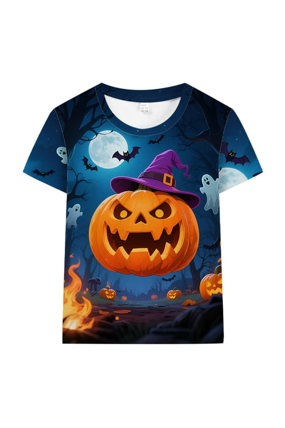 Boy Halloween Tee Shirt Pumpkin Graphics Short Sleeve Tops Blue Size 6