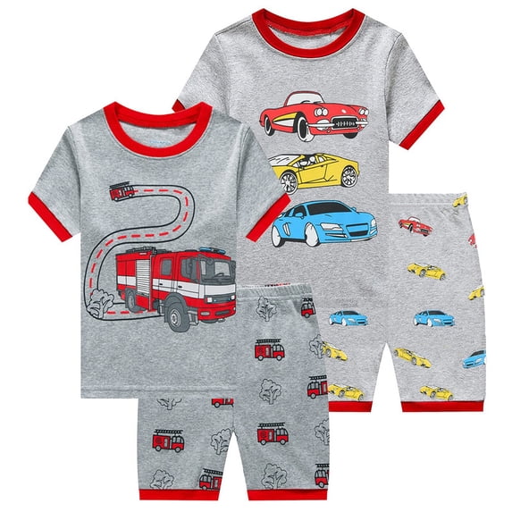 DDSOL Boy Pajamas Fire Truck Pjs Cotton Short Sleeves 4-Pieces Sleepwear Sets Gray 7T