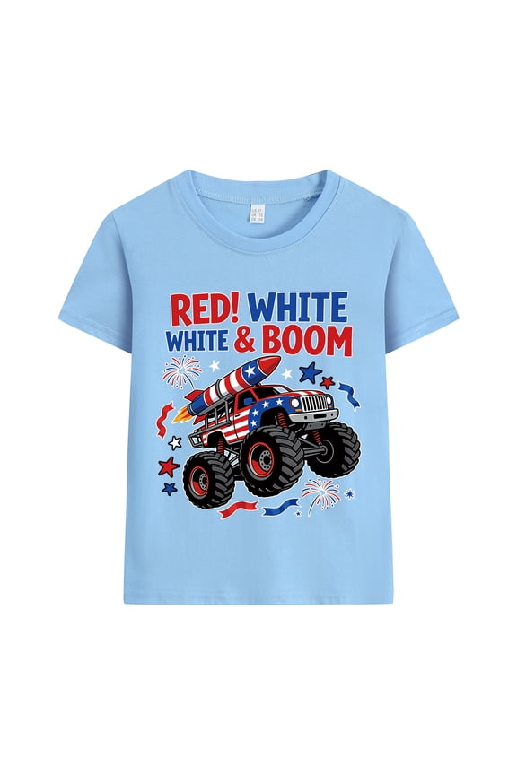 Boys 4th of July Graphic Tees Truck Print T-Shirts Cotton Tops Blue Size 10
