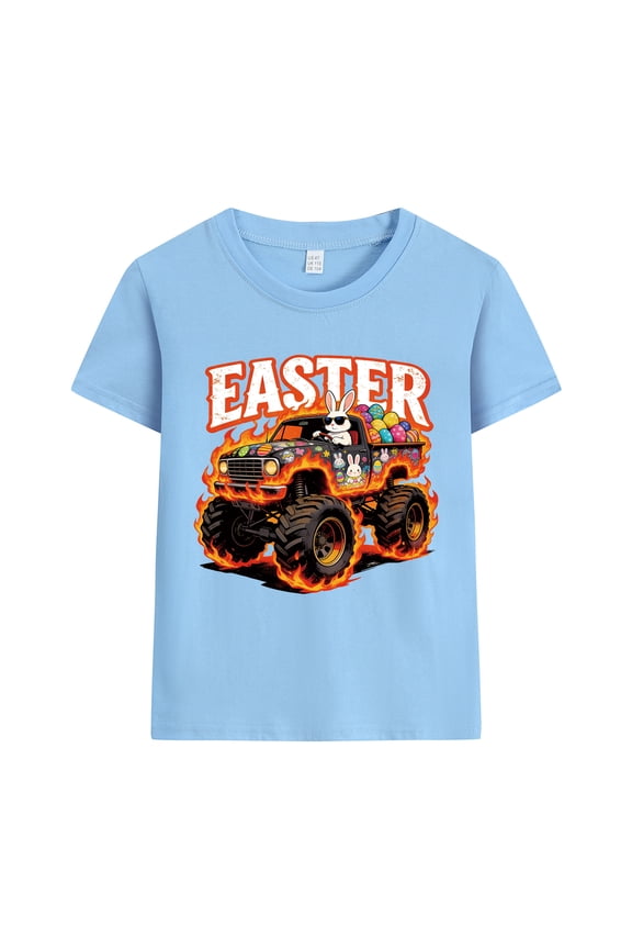 Boys Easter Day Shirt Truck Short Sleeves Cotton Tee Blue Size 7