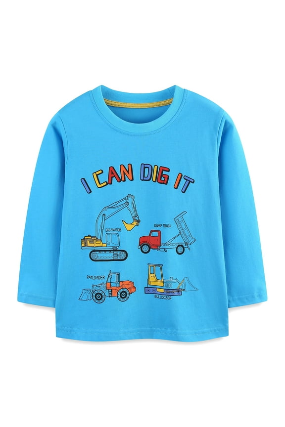 Boys Long Sleeves Shirts Excavator Graphic Tees Cotton Tops Blue Size 6