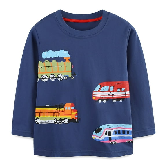 DDSOL Boys T-Shirts Train Graphic Tees Long Sleeves Cotton Tops Navy Blue Size 2-7