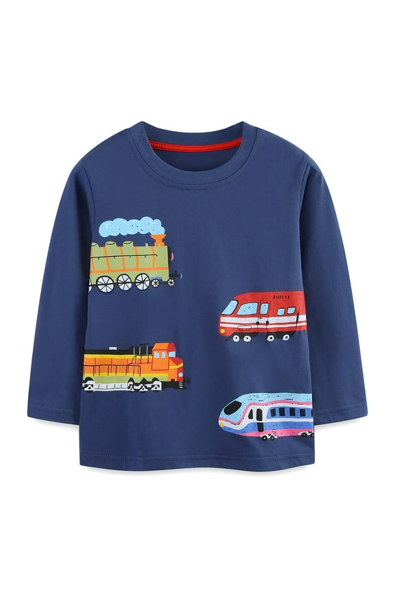 Boys T-Shirts Train Graphic Tees Long Sleeves Cotton Tops Navy Blue Size 2-7