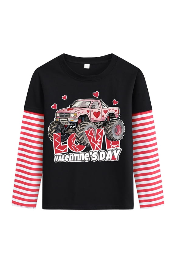 Boys Valentines Day T-Shirts Truck Graphic Long Sleeves Cotton Tops Black Size 6