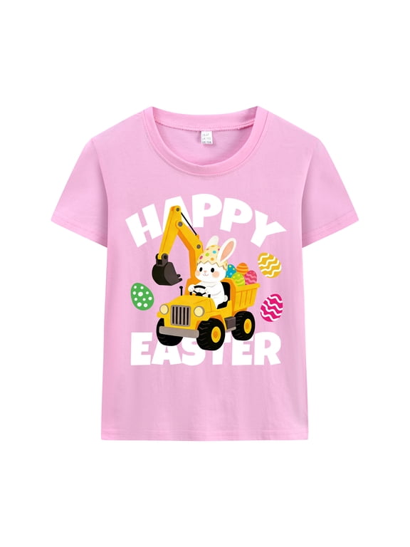 Girls Easter Day Shirt Excavator Short Sleeves Cotton Tee Pink Size 6