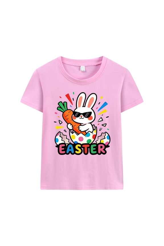 Girls Easter Day T-Shirt Bunny Short Sleeves Cotton Tee Pink Size 7