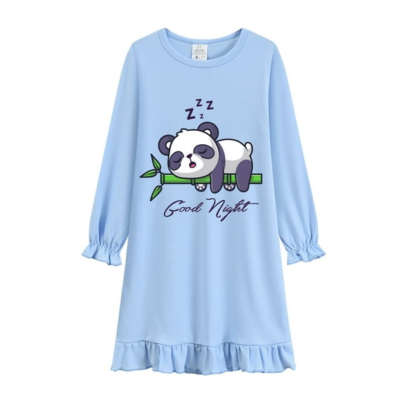 DDSOL Nightgown for Girls Long Sleeves Panda Nighties Princess Sleep Dress Blue Size 6