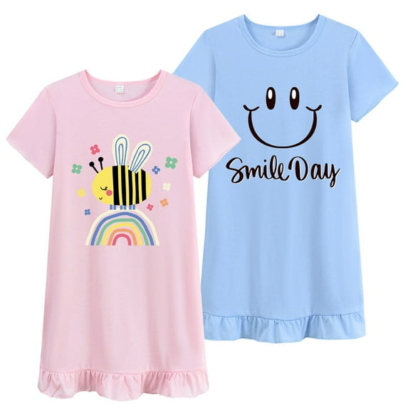 DDSOL Girls Nightgown Short Sleeves Bee and Smile Graphic Sleep Dress 2-Pack Sleepwear Size 10