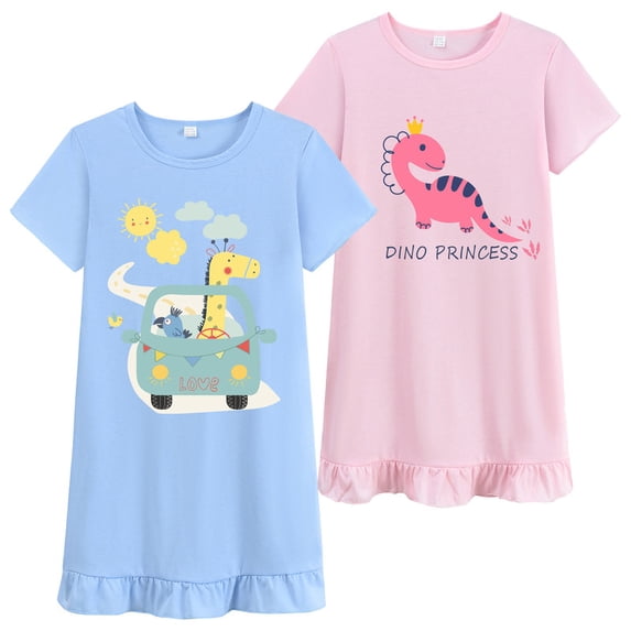 DDSOL Girls Nightgown Short Sleeves Dinosaur and Giraffe Sleep Dress 2-Pack Sleepwear Size 10
