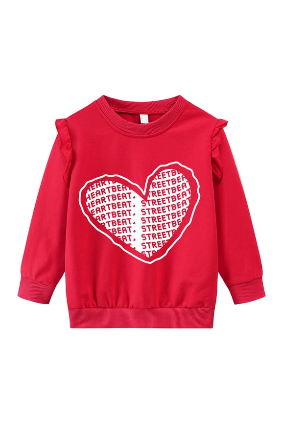 Girls Sweatshirt Valentine's Day Heart Print Shirts Ruffle Tops Red Size 7