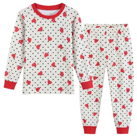 DDSOL Girls Valentines Pajamas Heart Long Sleeves Cotton Sleepwear 2-Piece Size 7