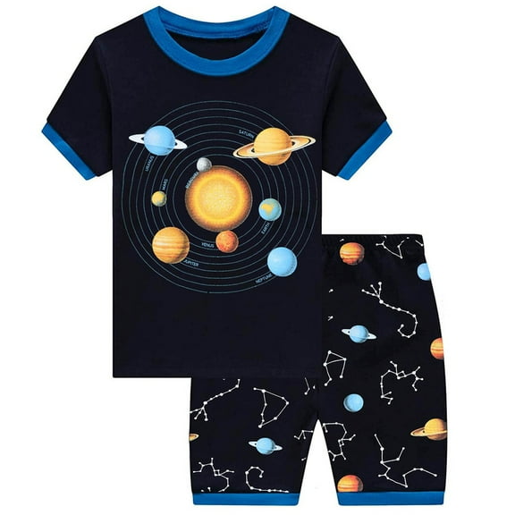 DDSOL Toddler Boy Pajamas Short Sleeves Planets Graphic Cotton Sleepwear 2-Pieces Navy Blue 4T