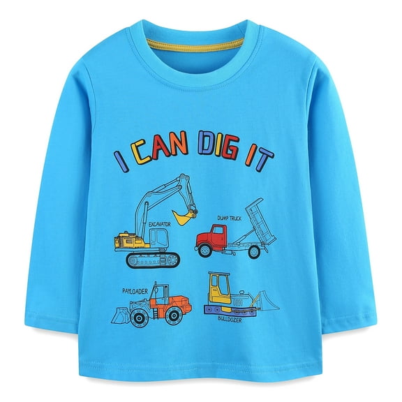 DDSOL Toddler Boy Shirts Long Sleeves Excavator Graphic Tees Cotton Tops Blue 3T