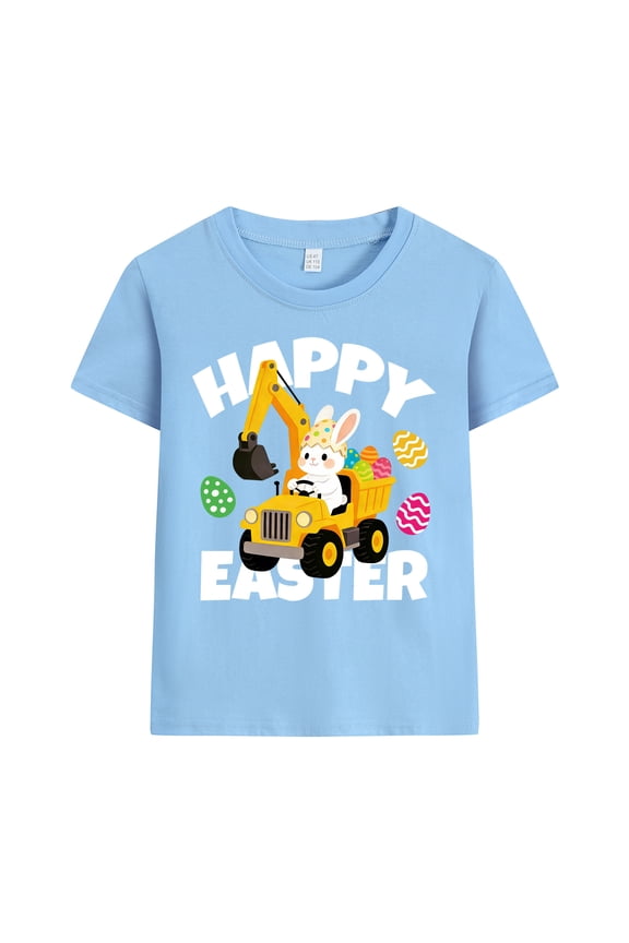 Toddler Boys Excavator Shirt Easter Day Graphic Short Sleeves Tee Blue 3T
