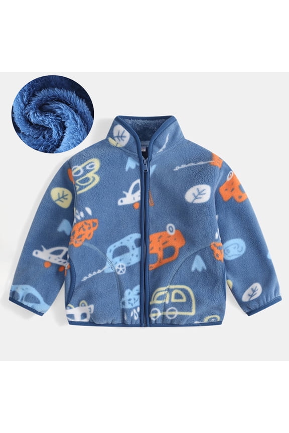 Toddler Boys Fleece Jacket Car Graphic Casual Zip-Up Outwear Blue 5T