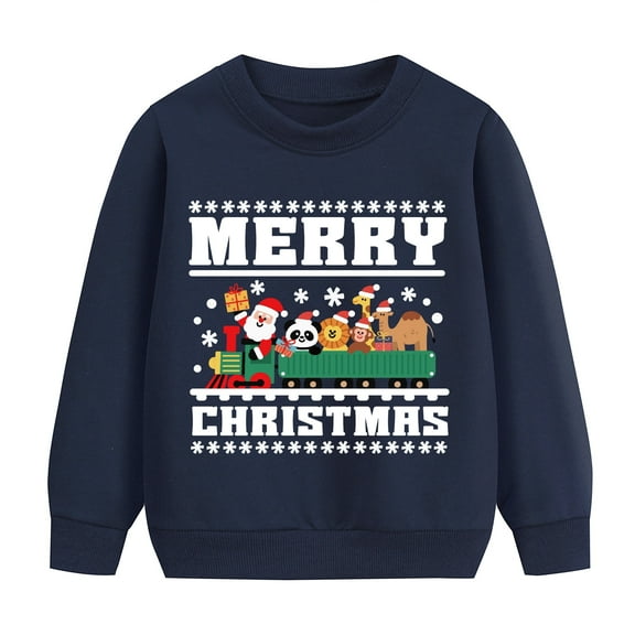 DDSOL Toddler Christmas Sweatshirt Santa Train Graphic Long Sleeves Top Blue 4T