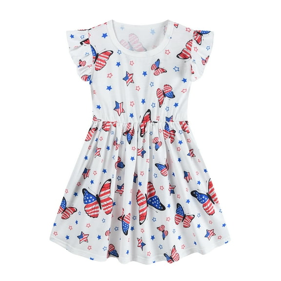 DDSOL Girls Independence Day Dresses Butterfly Graphics Flutter Sleeves One-Piece White 2-7T