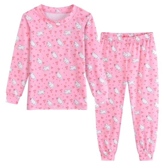 DDSOL Toddler Girls Pajamas Kitty Print Long Sleeves Sleepwear 2-Piece Pink 5T