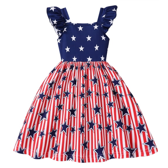 DDSOL Toddler Girls Dresses 4th of July Dresses Shoulder Ruffles Sundresses One-Piece Red 3T