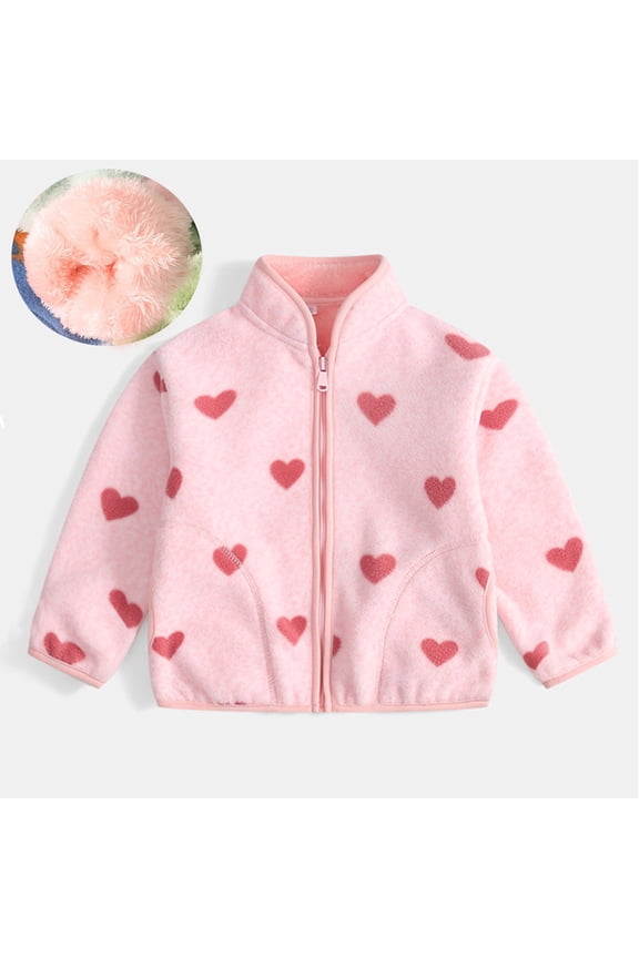 Toddler Girls Fleece Jacket Heart Graphic Full Zip Casual Outwear Pink 3T
