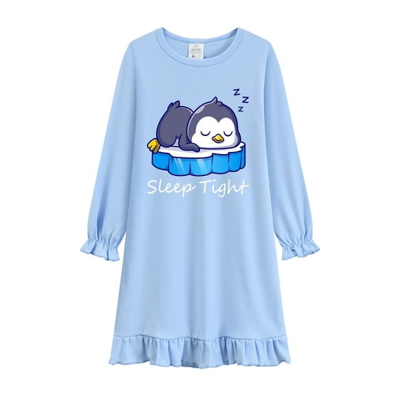 DDSOL Toddler Girls Nightgown Long Sleeves Penguin Nighties Princess Sleep Dress Blue 4T