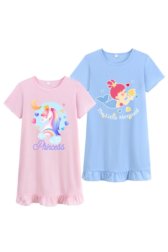 Toddler Girls Nightgown Short Sleeves Cartooon Nighties Sleep Dress 2-Pack Sleepwear 5T