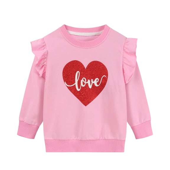 DDSOL Toddler Girls Sweatshirt Glitter Heart Graphic Ruffle Sleeves Shirts Pink 5T