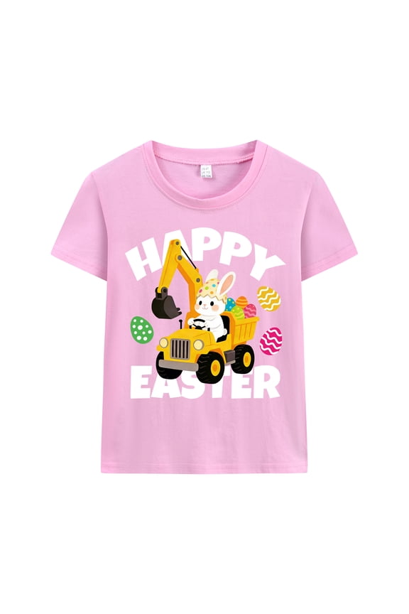 Toddler Girls T-Shirt Easter Day Excavator Graphic Short Sleeves Top Pink 4T