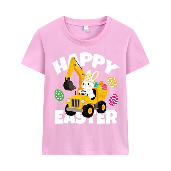 DDSOL Toddler Girls T-Shirt Easter Day Excavator Graphic Short Sleeves Top Pink 4T