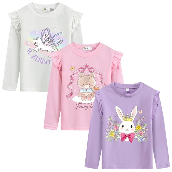 DDSOL Toddler Girls T-Shirts Animal Graphic Long Sleeves Shirt Casual Tops 3-Pack 5T