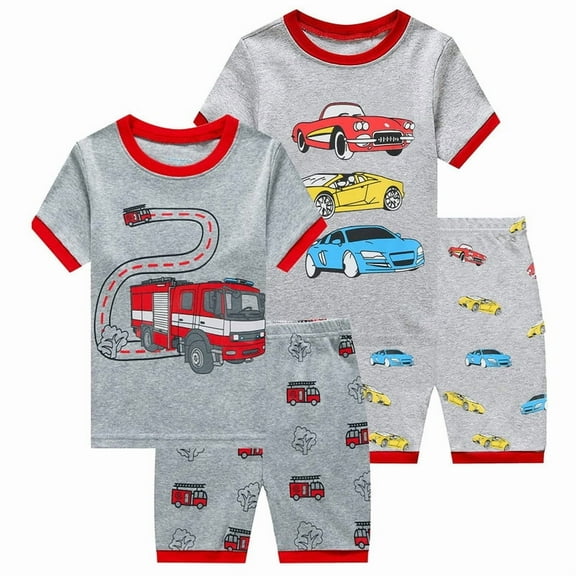 DDSOL Toddler Pajamas Boy Car Pjs Short Sleeves 4-Pieces Sleepwear Sets Cotton Gray 3T