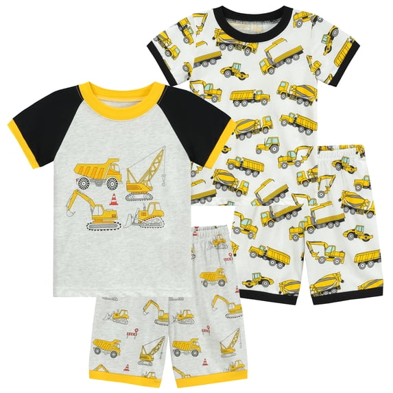 DDSOL Toddler Pajamas Boy Excavator Pjs Short Sleeves 4-Pieces Sleepwear Sets Cotton Yellow 3T