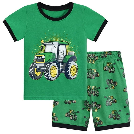 DDSOL Toddler Pajamas Boy Tractor Pjs Cotton Short Sleeves 2-Pieces Sleepwear Sets Green 5T