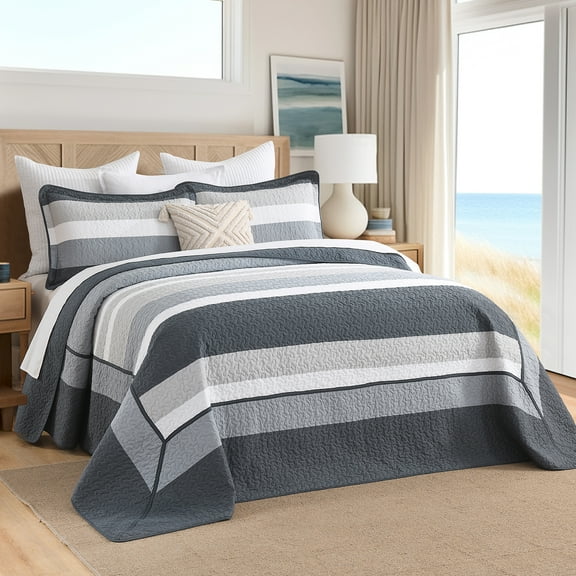DDUOXIN 100% Cotton Bedspread Oversized Queen Comforter, Queen Size Navy Gray 102 X 120 Stripe Quilt, Lightweight Summer Bedding Set Reversible Modern Coverlet, 3 Piece