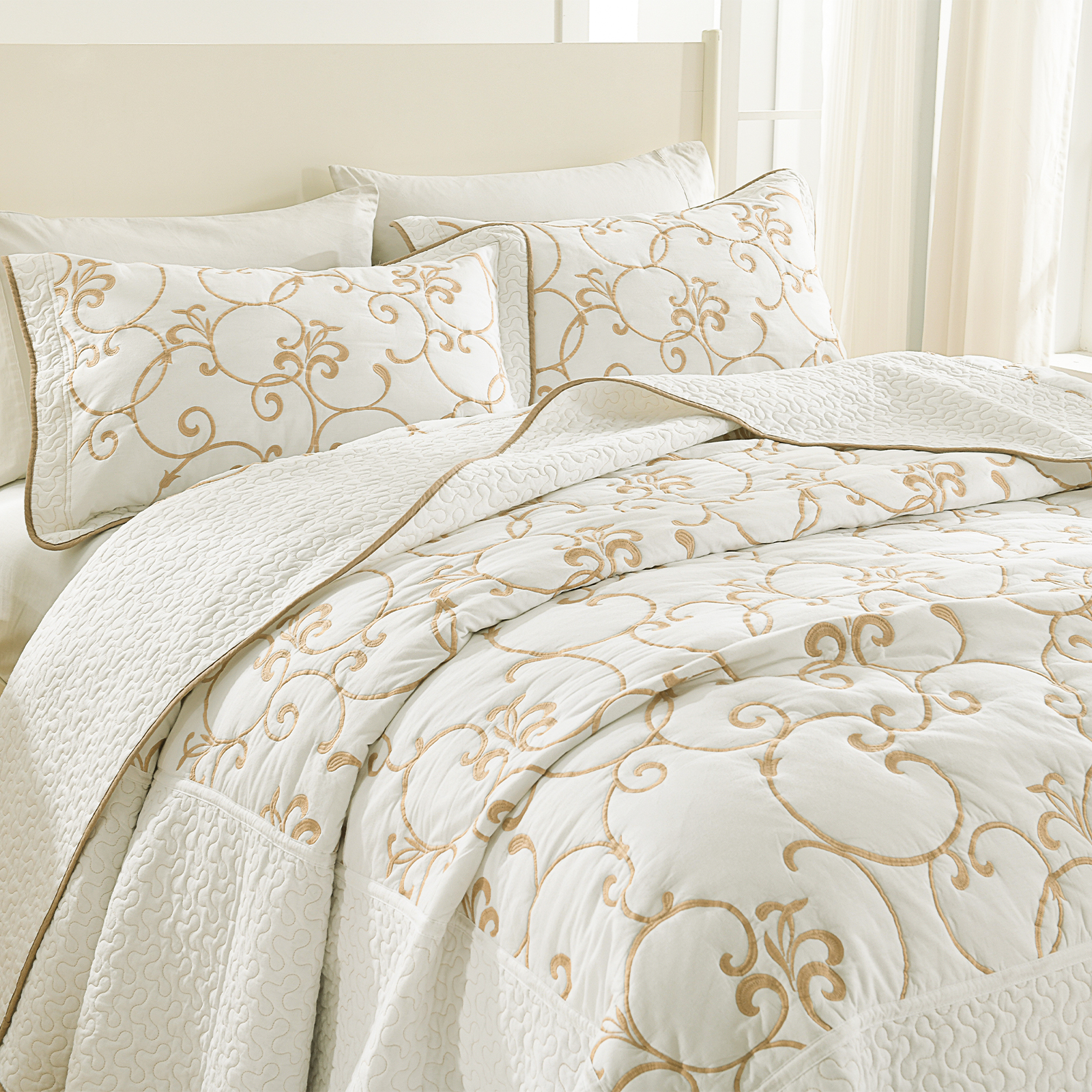 DDUOXIN Trapunta King Size 100% Cotone – Beige A Righe, Set 3 Pezzi Con 2 Federe, Leggera E Traspirante