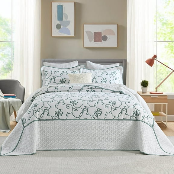 DDUOXIN California King Bedspread, 100% Cotton Oversized King Quilt, Farmhouse Flower Cal King Comforter Summer Lightweight Embroidery Vine Coverlet,120 X 120 Blue and White Bedding Sets, 3 Piece