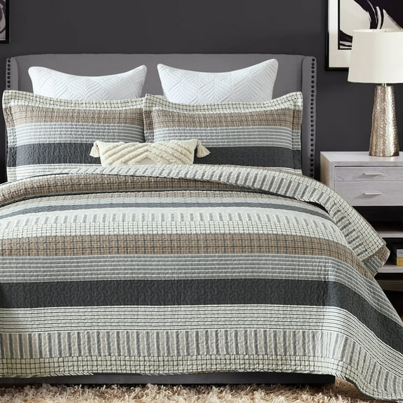 DDUOXIN 100% Cotton King Quilts - Lightweight Gray Brown Striped King Quilt for Bed Set, Modern Neutral Reversible King Size Bedspread, Farmhouse Coverlet/Bedding Set/Comforter with 2 Pillow Shams