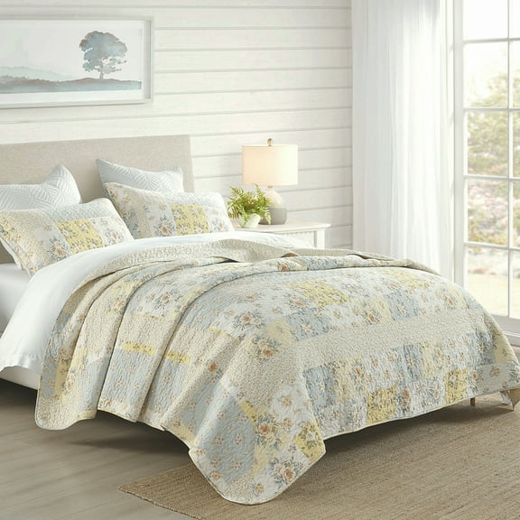 DDUOXIN 100% Cotton King Size Bedspread - 120x120 Yellow Beige Gray Floral Plaid Reversible California King Bedspreads for Bed, Lightweight Soft Vintage Cal Oversized King Quilts Bedding Set, 3 Piece
