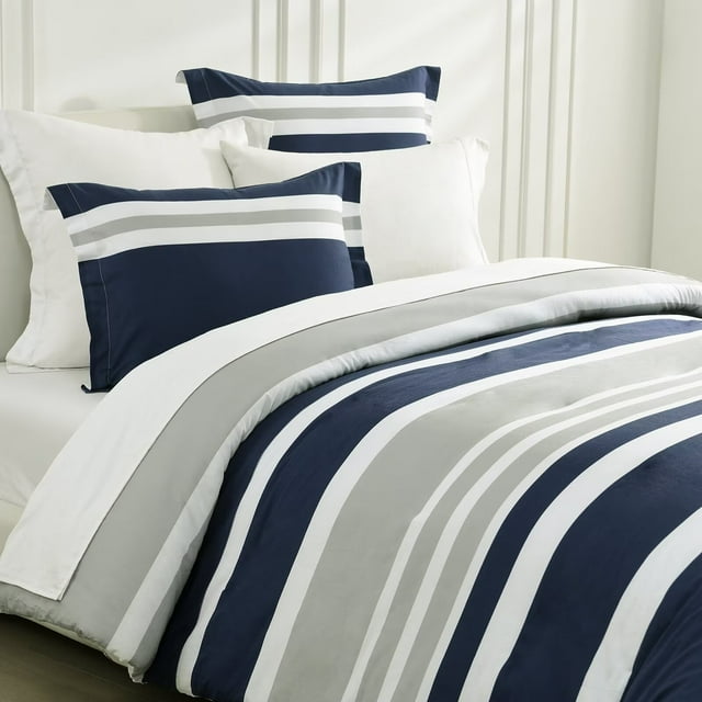 DDUOXIN 100 Cotton King Size Comforter Set, Navy Blue & White & Gray
