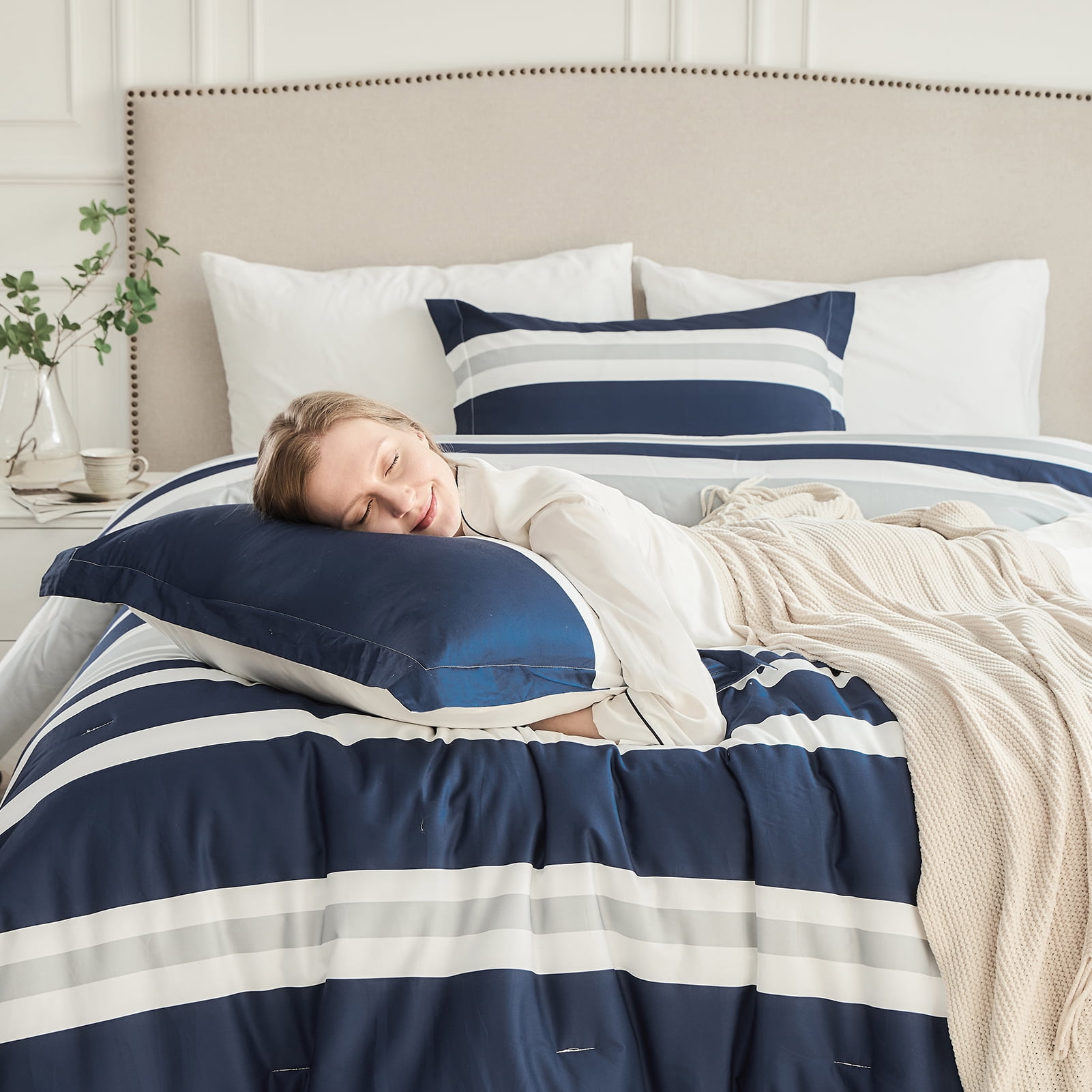 DDUOXIN 100% Cotton Queen Size Comforter Set, Navy Blue Gray White ...
