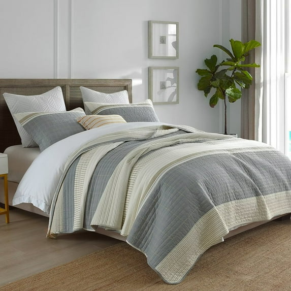 DDUOXIN 100% Cotton Queen Size Quilt Set, Beige/Gray Striped Lightweight Simple Unisex Queen Quilt Bedspread, Farmhouse Modern Breathable Warm Coverlet Bedding Set for All Season, 3-Piece(98"x90")