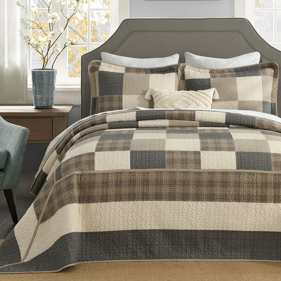 DDUOXIN 120x120 Oversized King Quilt - 100% Organic Cotton Farmhouse Brown Beige Black Patchwork Plaid Reversible King Size Bedspreads for Bed, Lightweight California King Bedding Set, 3 Piece