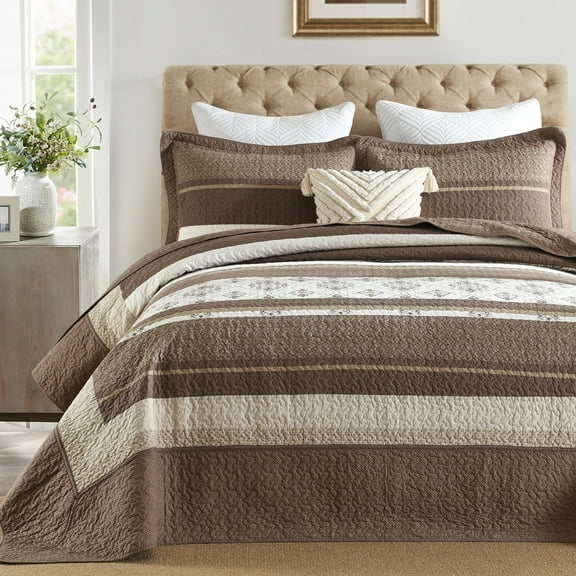 DDUOXIN 128x120 California King Size Quilted Bedspread - 100% Organic Cotton Brown Beige Striped Reversible Bedspreads for King Bed, Lightweight Modern Cal Oversized King Quilts Bedding Set, 3 Piece