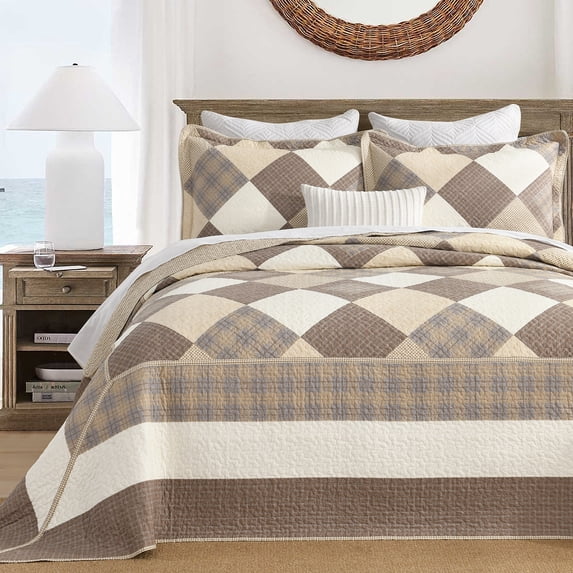 DDUOXIN 128x120 Bedspreads for King Size Beds - 100% Organic Cotton Beige Brown Patchwork Plaid Reversible California King Bedspread, Lightweight Vintage Cal Oversized King Quilt Bedding Set, 3 Piece