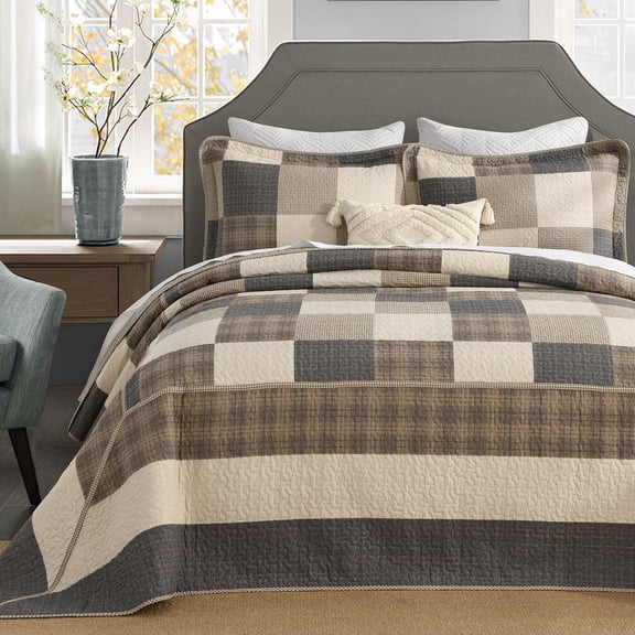 DDUOXIN 128x120 California King Size Bedspread - 100% Organic Cotton Farmhouse Brown Beige Black Patchwork Plaid Reversible Bedspread for King Bed, Lightweight Cal Oversized King Bedding Set, 3 Piece