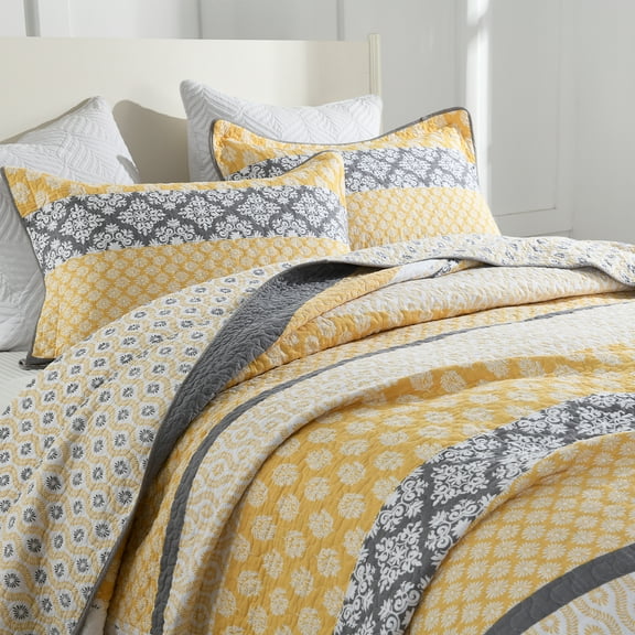 DDUOXIN 100% Organic Cotton Queen Size Bedspread - 102x120 Yellow Gray Beige Striped Floral Reversible Oversized Bed Spread for Queen Bed, Lightweight Elegant Vintage Quilts Coverlet, 3 Piece