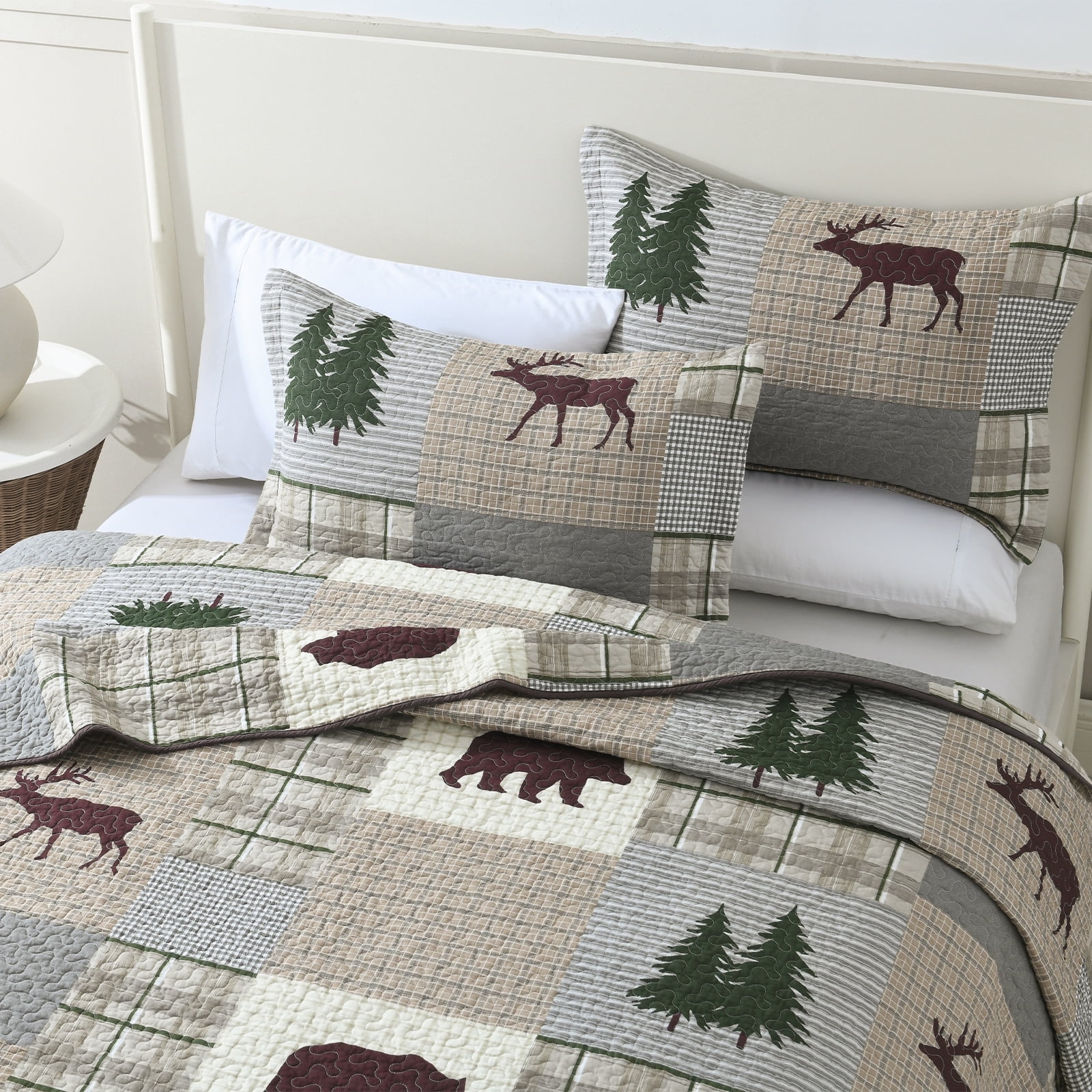 DDUOXIN Farmhouse Cotton Queen Quilt Set - 100% Cotton Brown Gray Patchwork Plaid Rustic Cabin Queen Size Bedspread, Neutral Lightweight Reversible Quiltd Coverlet Set with 2 Pillow Shams, 3 Piece