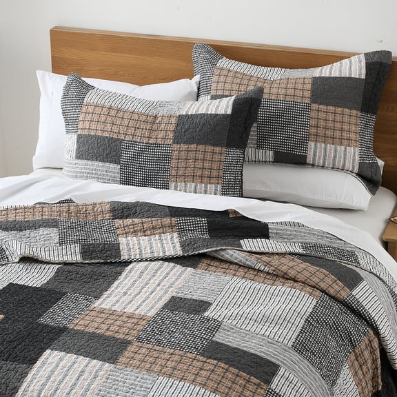 DDUOXIN Gray Cotton Quilt King Size - 100% Cotton Lightweight Grey Brown White Patchwork Plaid Rustic King Quilt Bedspread, Neutral Reversible Coverlet/Comforter Set with 2 Pillow Shams, 3 Piece