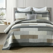 DDUOXIN Farmhouse Cotton Quilt for King Bed - 100% Cotton Gray Brown Patchwork Plaid Striped King Size Quilt Bedspread, Neutral Lightweight Reversible All Season Coverlet/Comforter Set, 3 Piece